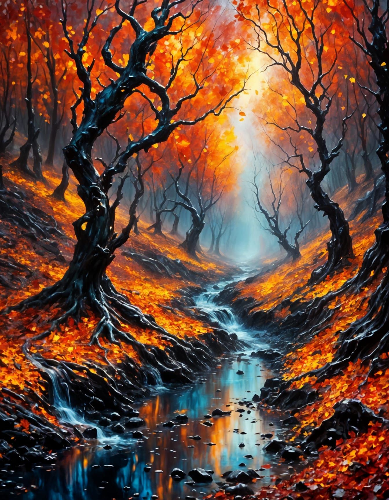 Autumnal Trees and River in Oil and Chrome