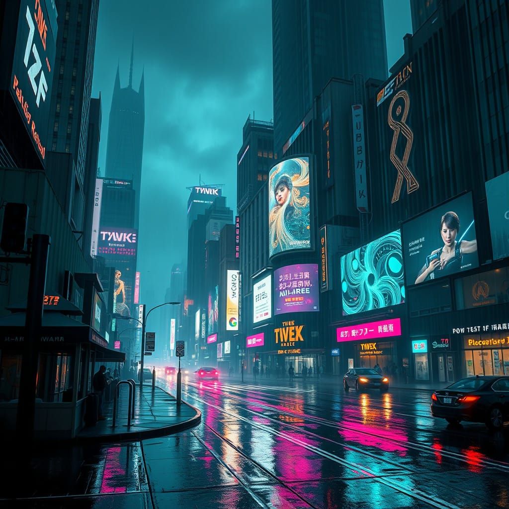 Cyberpunk Cityscape at Dusk, Neon-Lit Holographic Ads