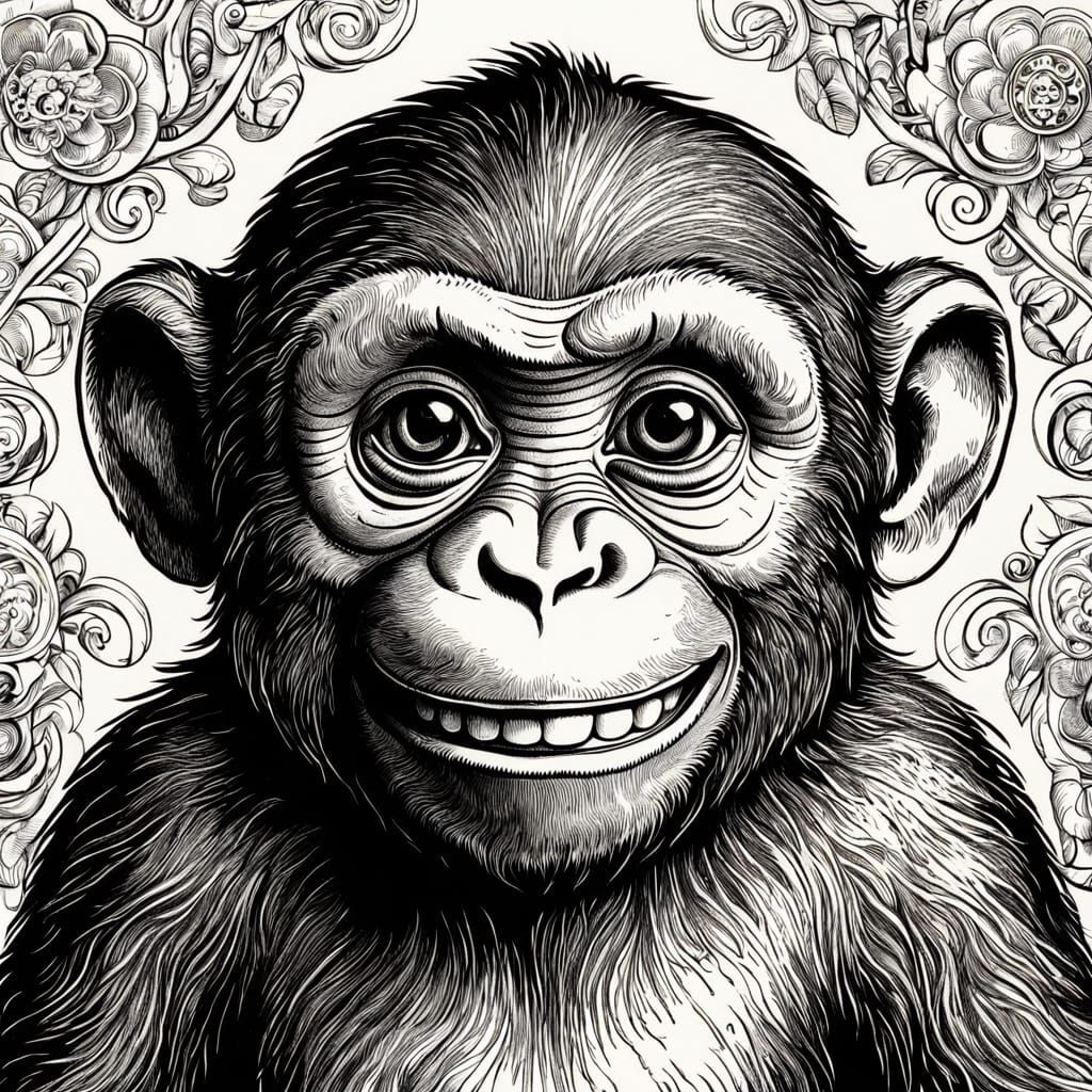 Joyful Cartoon Monkey in Copperplate Engraving Style