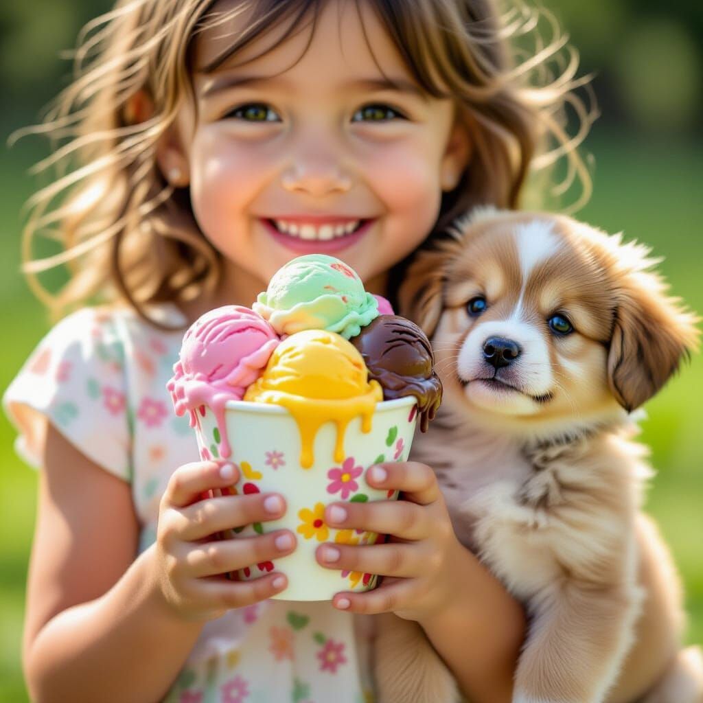 Girl with Ice Cream and Puppy in Summer Sunlight