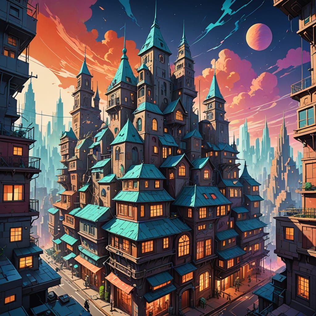 Surreal Cityscape: 3D Cubism Meets Anime Sketches