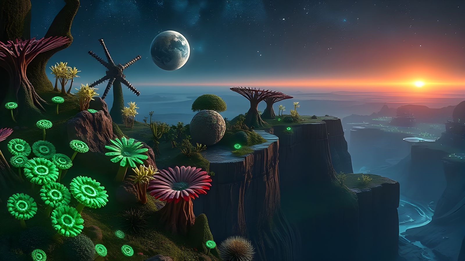 Vibrant Planetary Landscape with Bioluminescent Plant Forms....