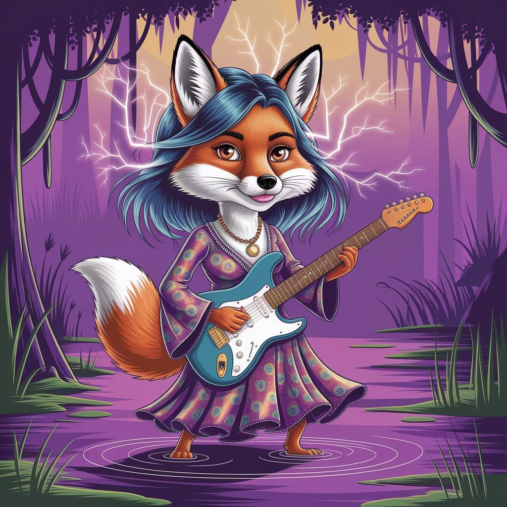 Cartoon Hippie Fox Plays Guitar in Enchanted Swamp