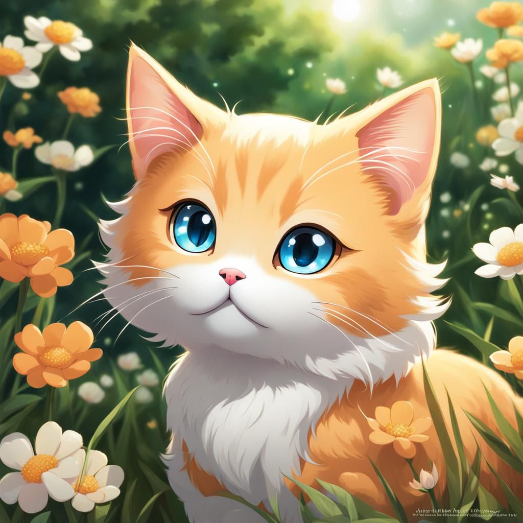 Orange Munchkin Cat with Blue Eyes in Anime Style