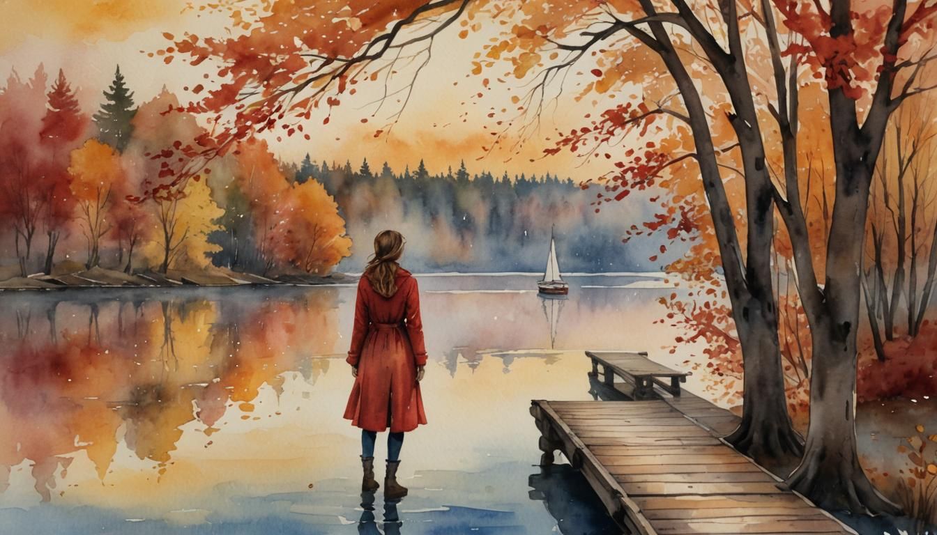 Woman on Pier Surrounded by Autumn Trees in Watercolor