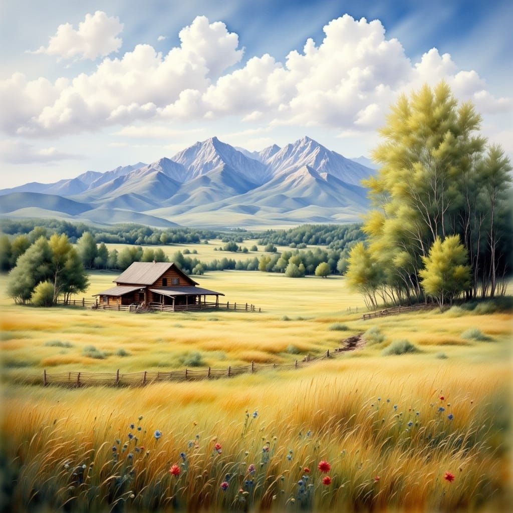 Antique Watercolor Ranch House in Meadow