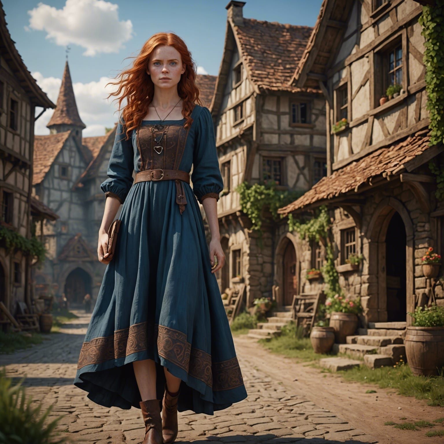 Village Girl with Red Hair in Detailed Matte Painting