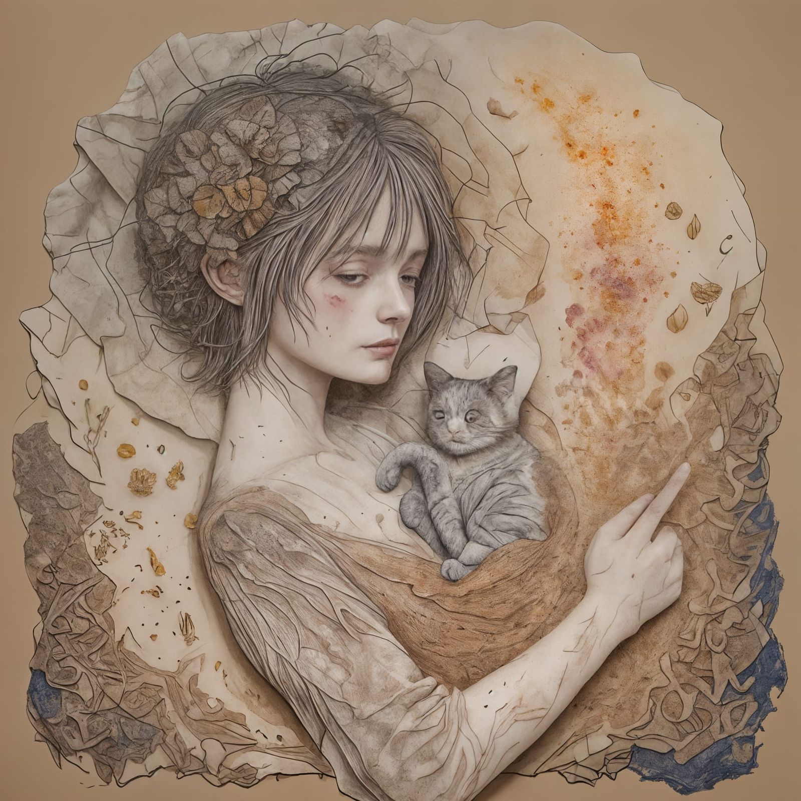 Mixed Media Kitten Drawing with Textures