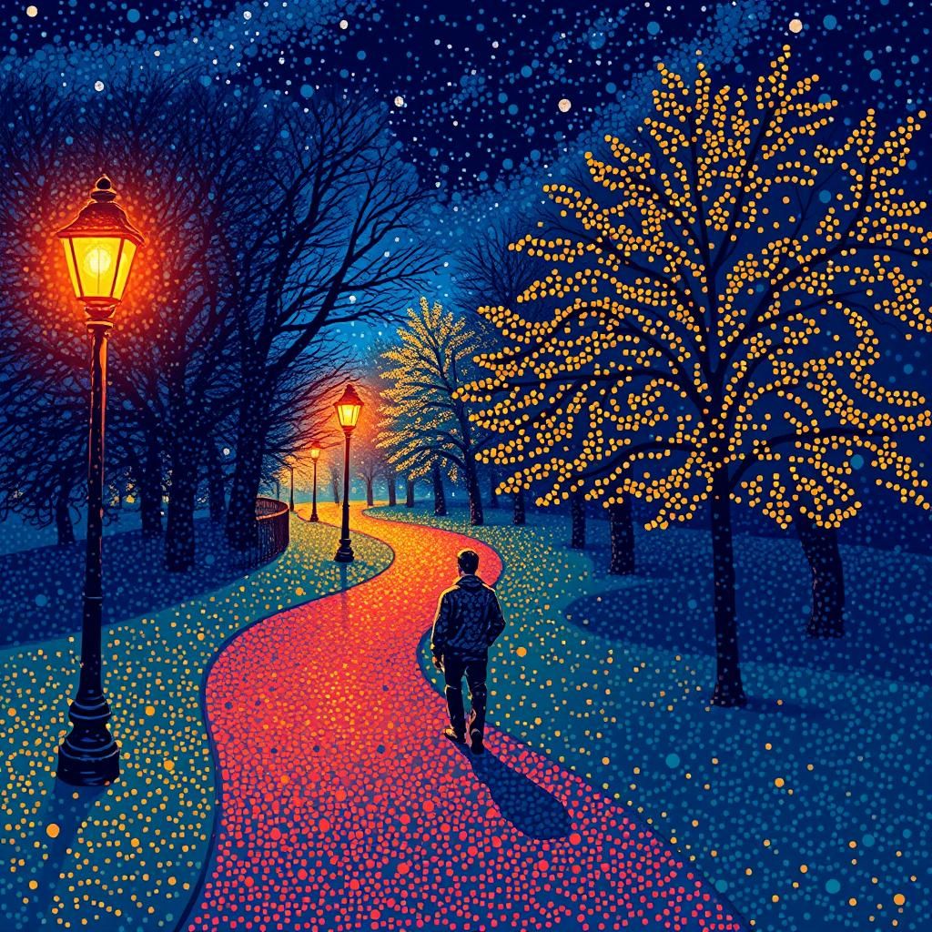 A surreal coloured stippling dot art of A man walks on path ...