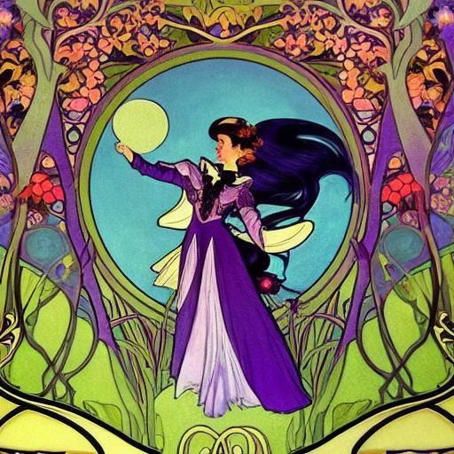 Vampire Jumps in Moonlit Forest in Art Nouveau Style