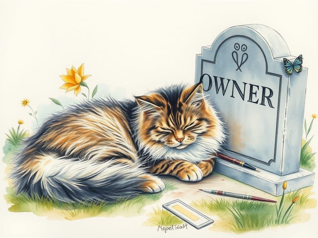 Ethereal Pastel Watercolor Portrait of Cat Beside Tombstone