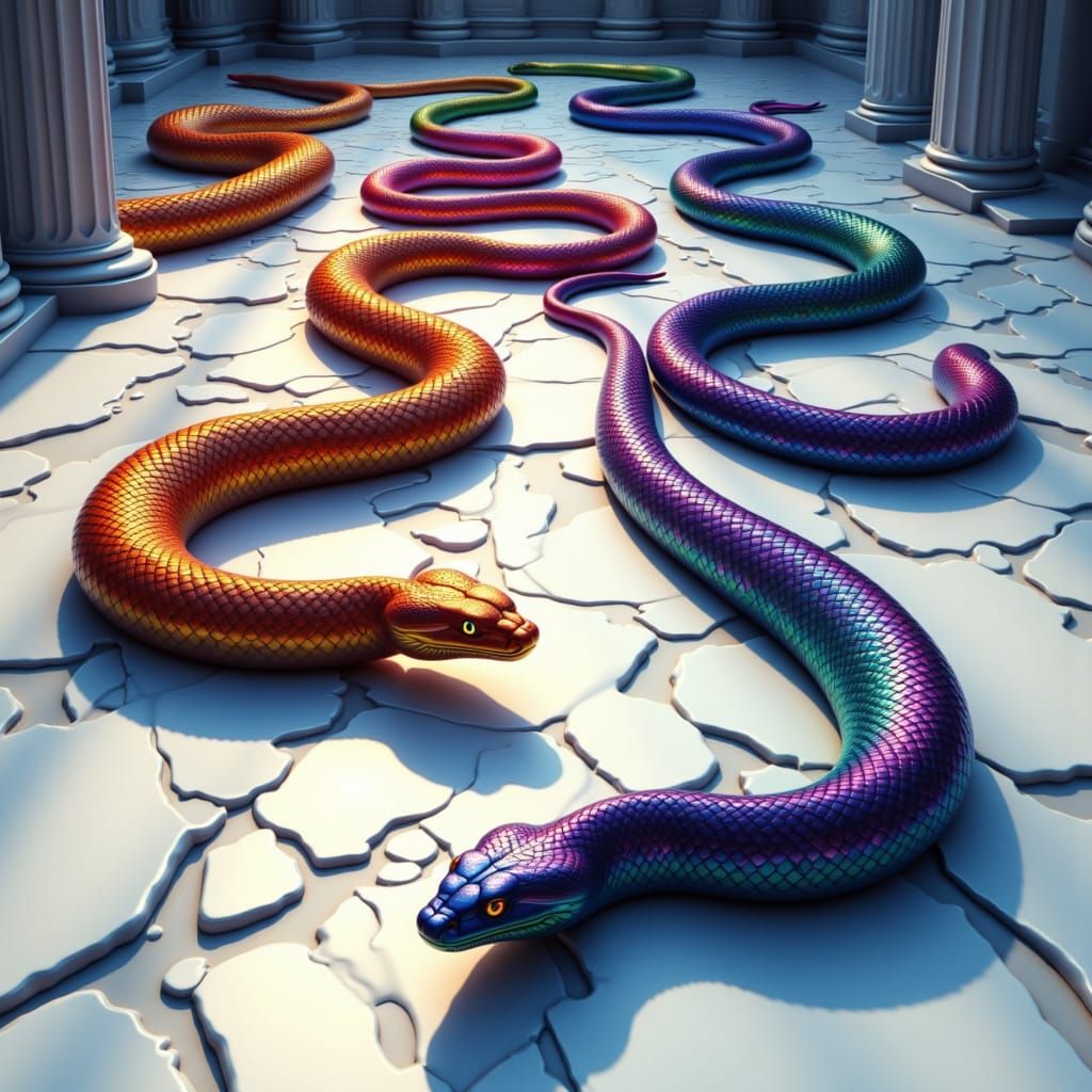 Vibrant Serpents on White Background in Surreal Style