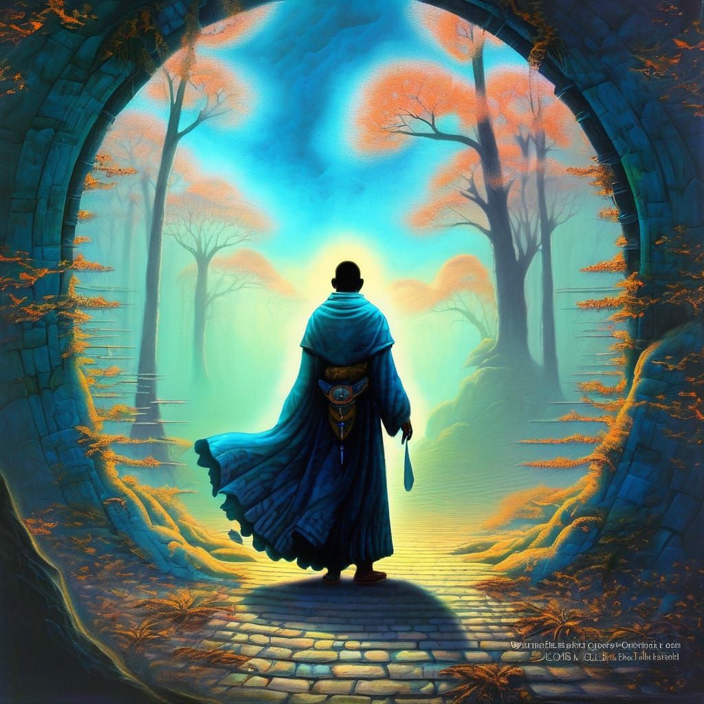 Serene Mystic Amidst Dreamlike Whimsy in Surrealist Style