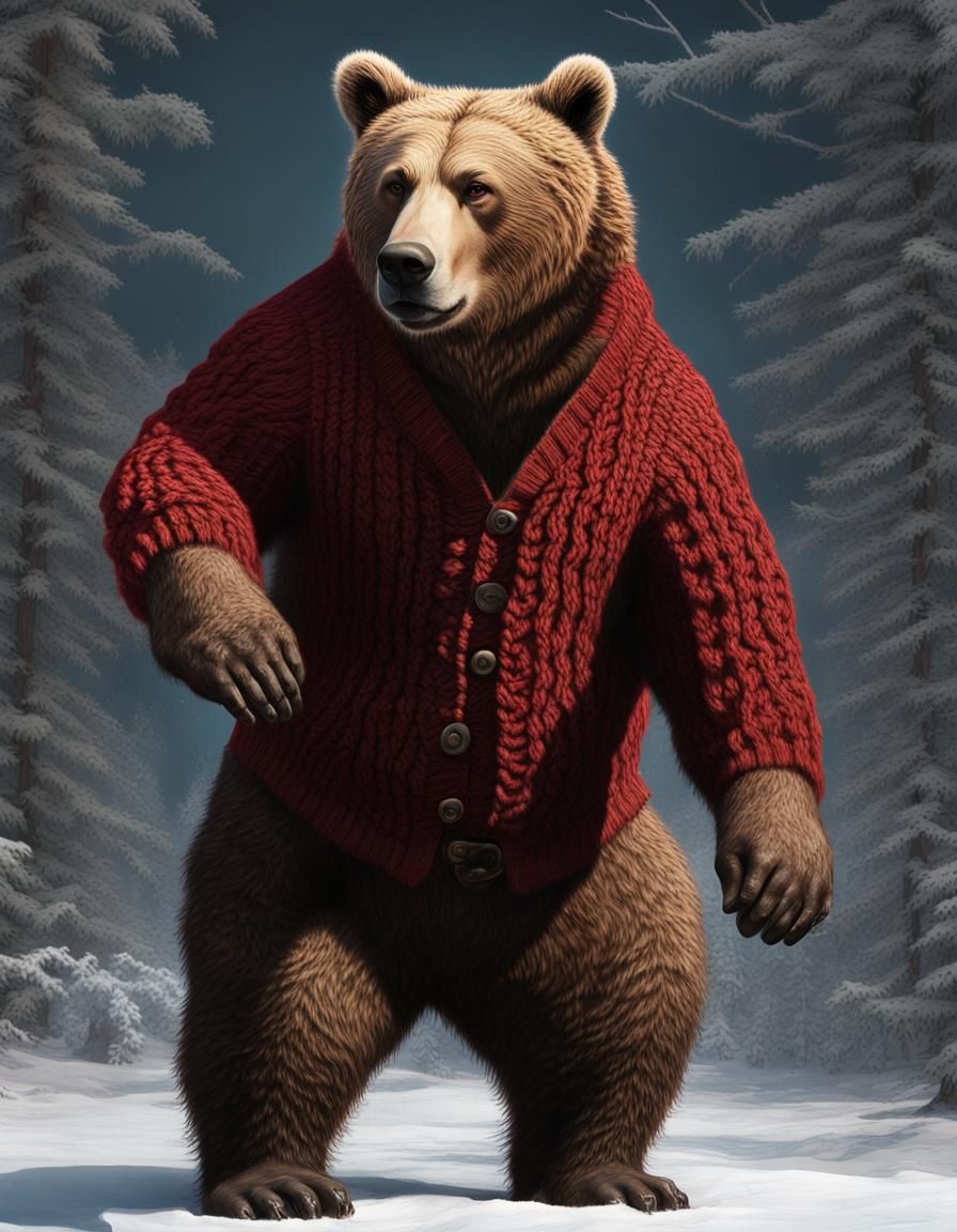 Kodiak Bear in Red Cardigan: Hyperrealistic Concept Art