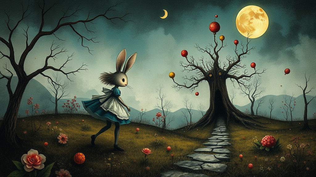 Alice and White Rabbit in Surreal Wonderland