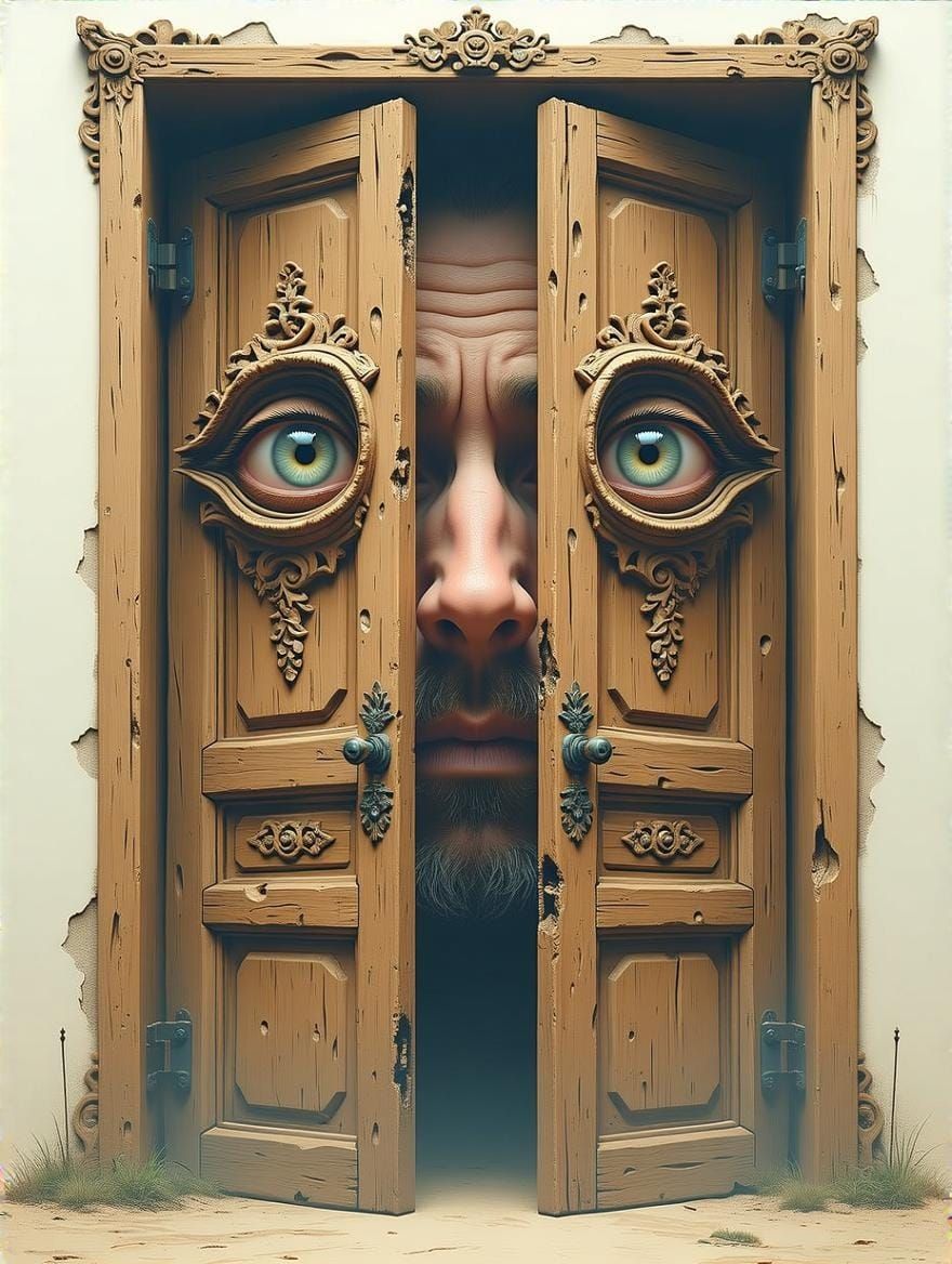 Surreal Man with Door Eyes and Mouth