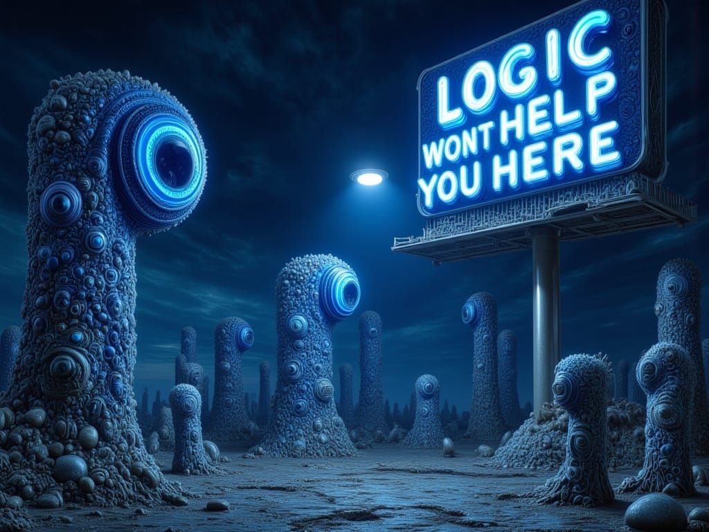 Surreal Alien Totems Under Neon Sign