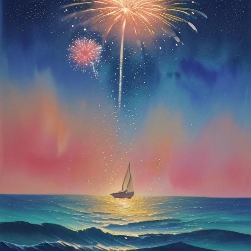 Tulips Floating Above Ocean Waves with Fireworks