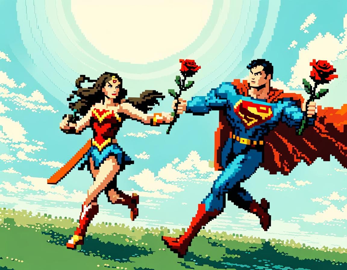 Wonder Woman and Superman in Retro Pixel Art