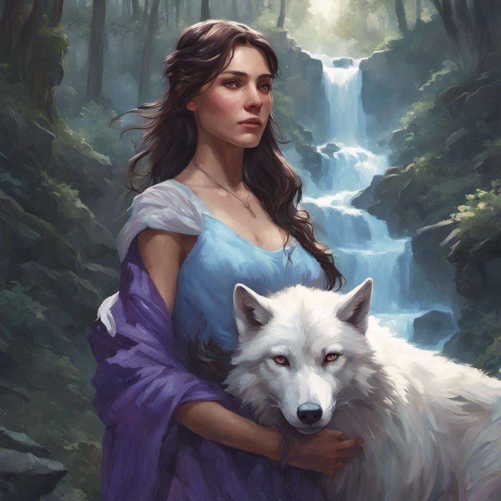 Brunette Girl with White Wolf Portrait