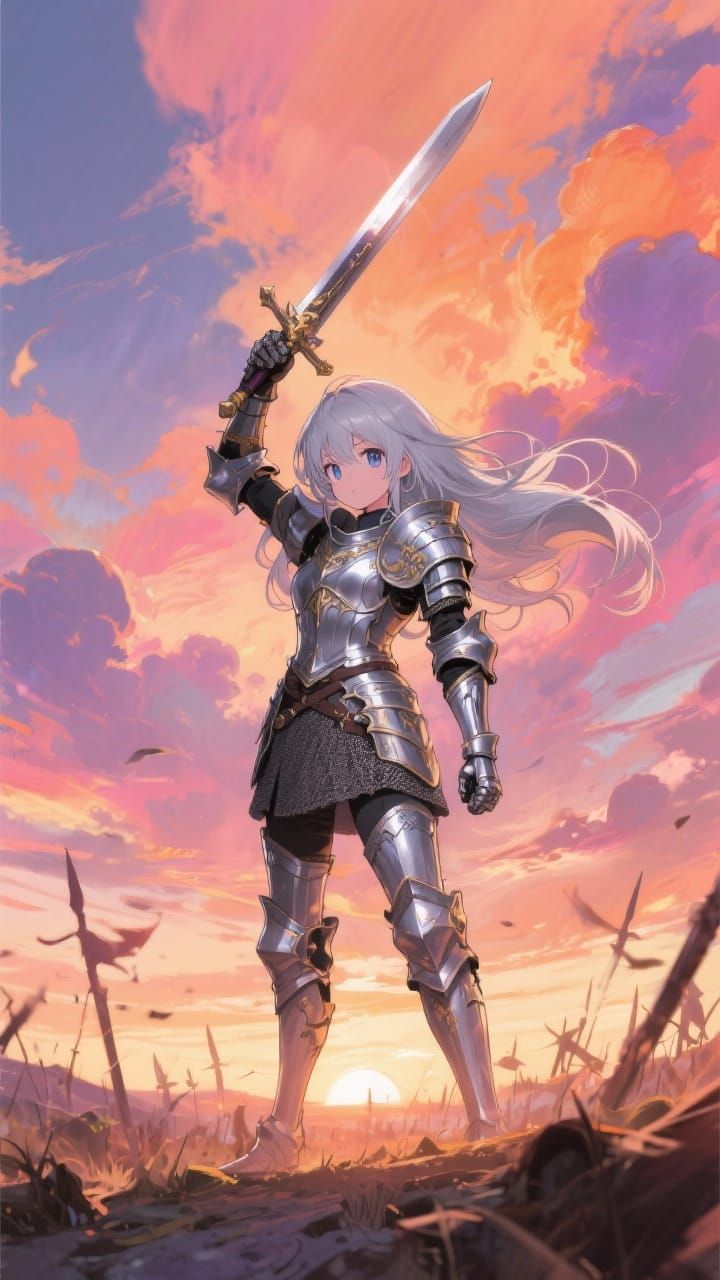Anime Knight Girl on Battlefield at Dawn