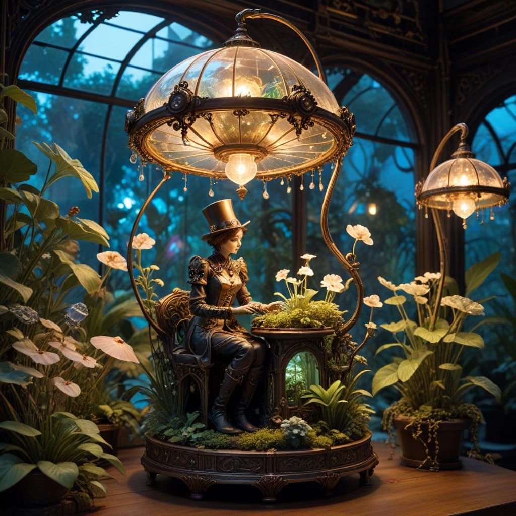 Clockwork Greenhouse with Bioluminescent Plants, Steampunk A...