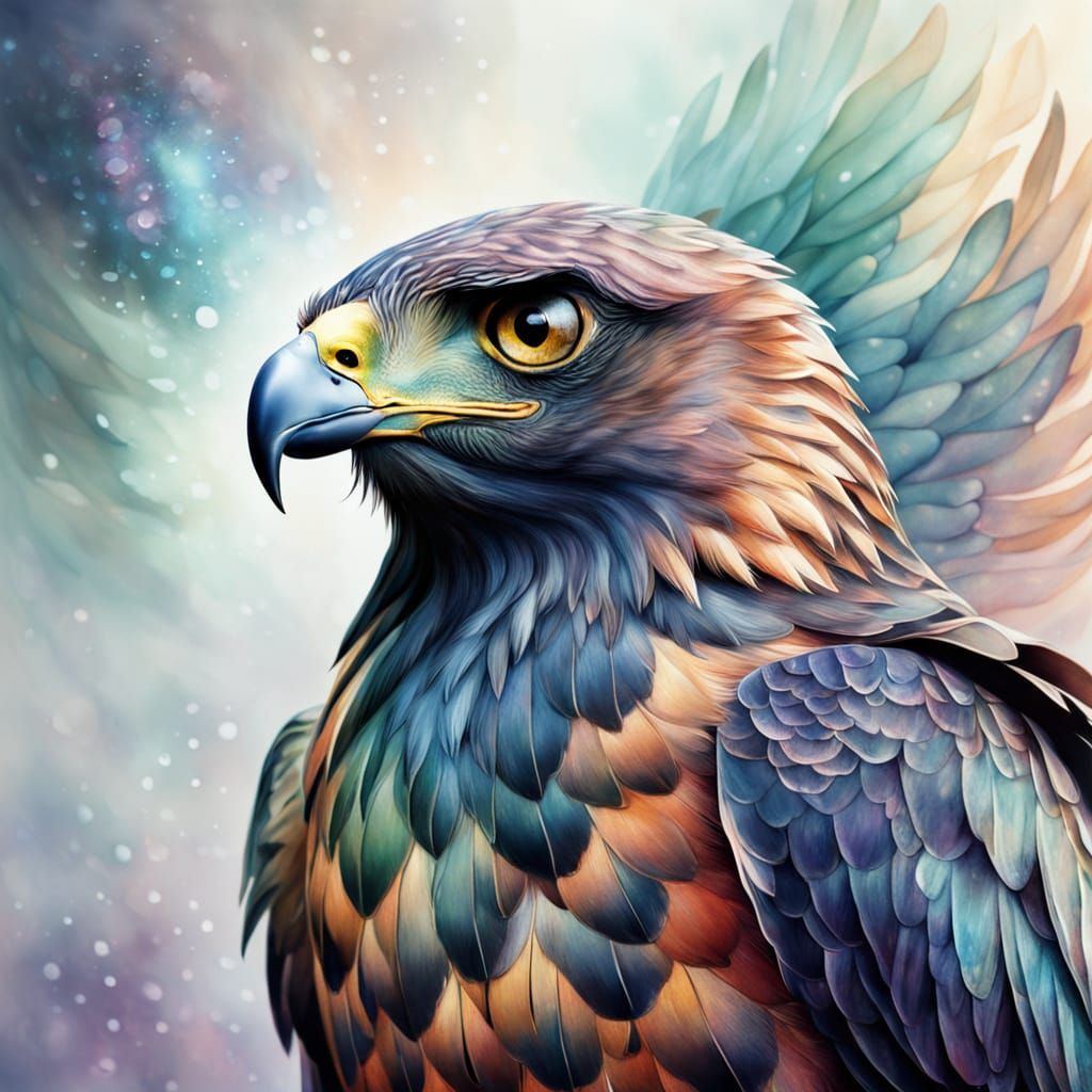 Surreal Watercolor Painting of a Hawk's Head in Iridescent M...