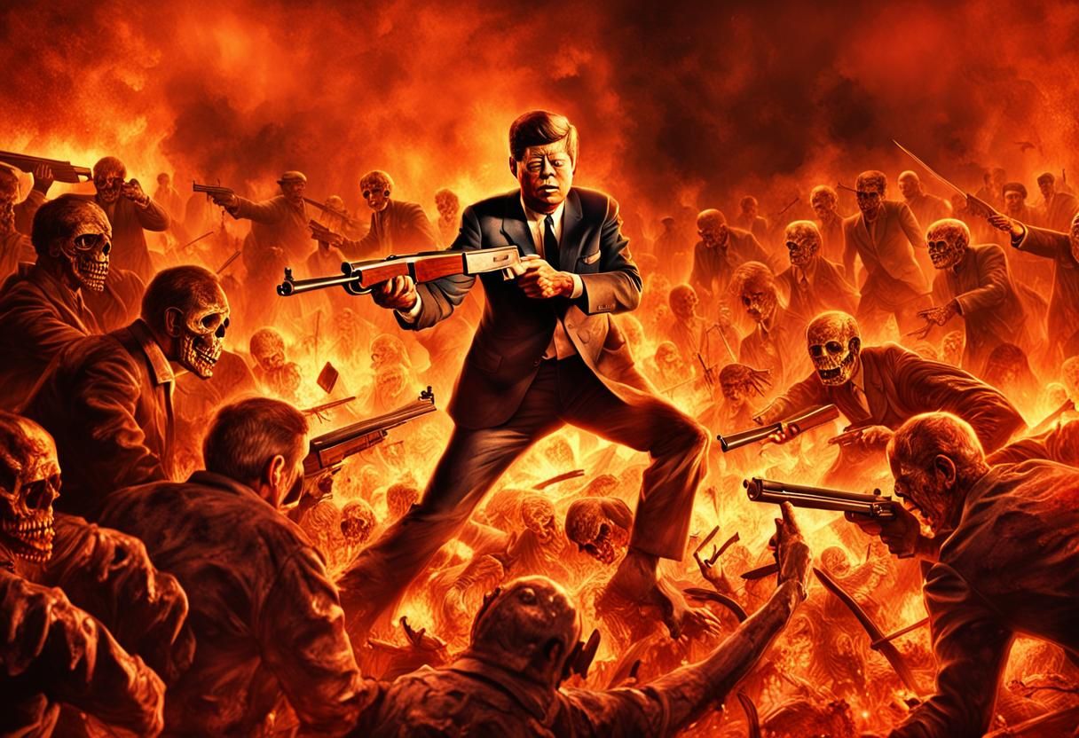 JFK vs Zombies in Hell: Hyperrealistic Cinematic Scene