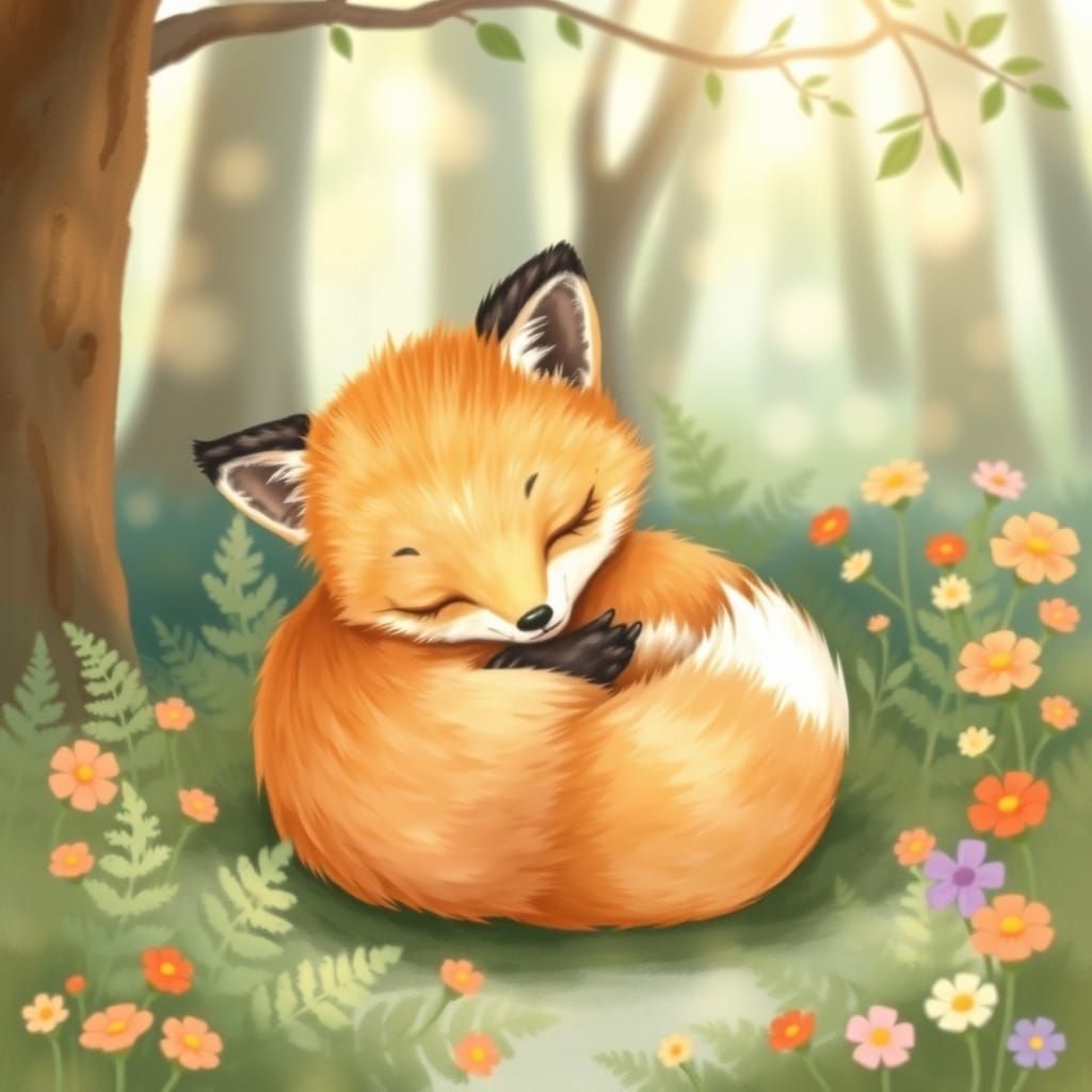 Whimsical Baby Fox in Forest Clearing