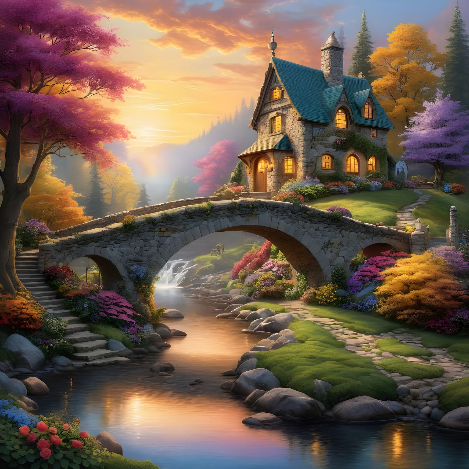 Rainbow Whimsy Cottage Amidst Blooming Flowers