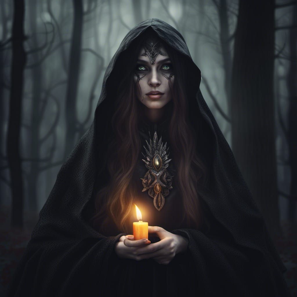 Mysterious Forest Sorceress with Candle in Photorealistic St...