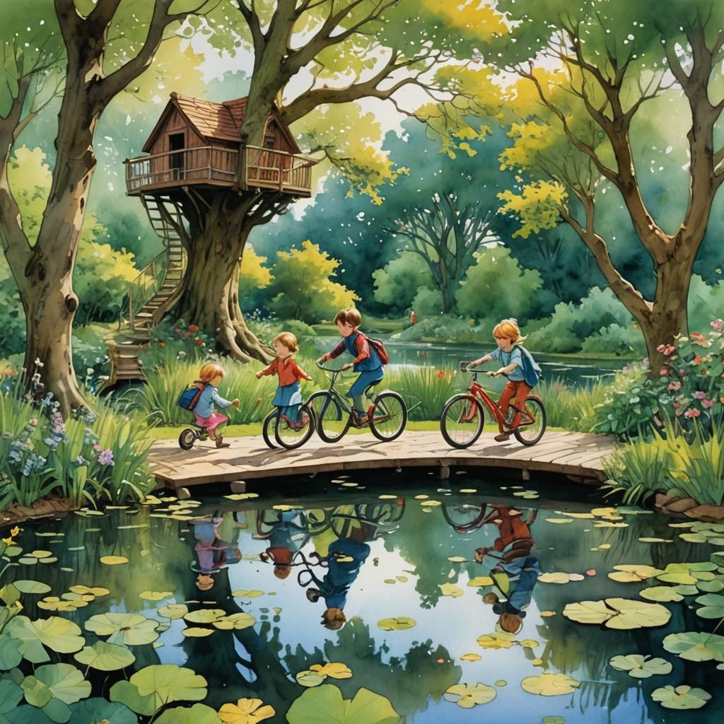 Children's Outdoor Playtime in Watercolor Style