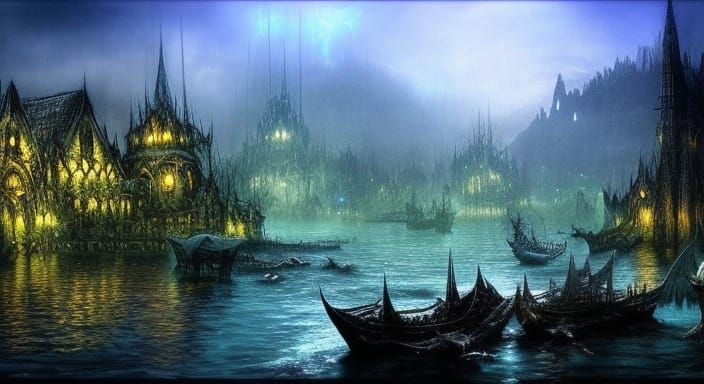 Gothic Underwater Village in Dark Fantasy Style
