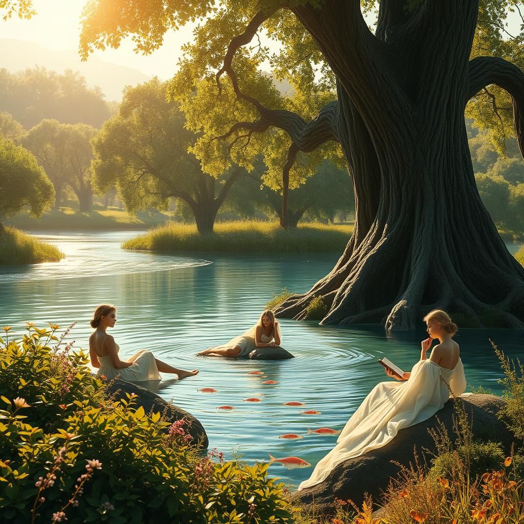 Serene Riverbank Scene with Ethereal Figures