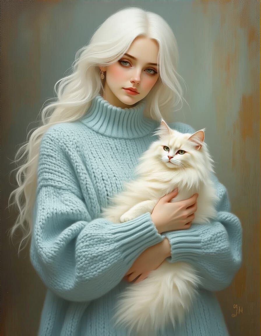 Woman in Blue Sweater Holding White Cat, Soft Oil Painting S...
