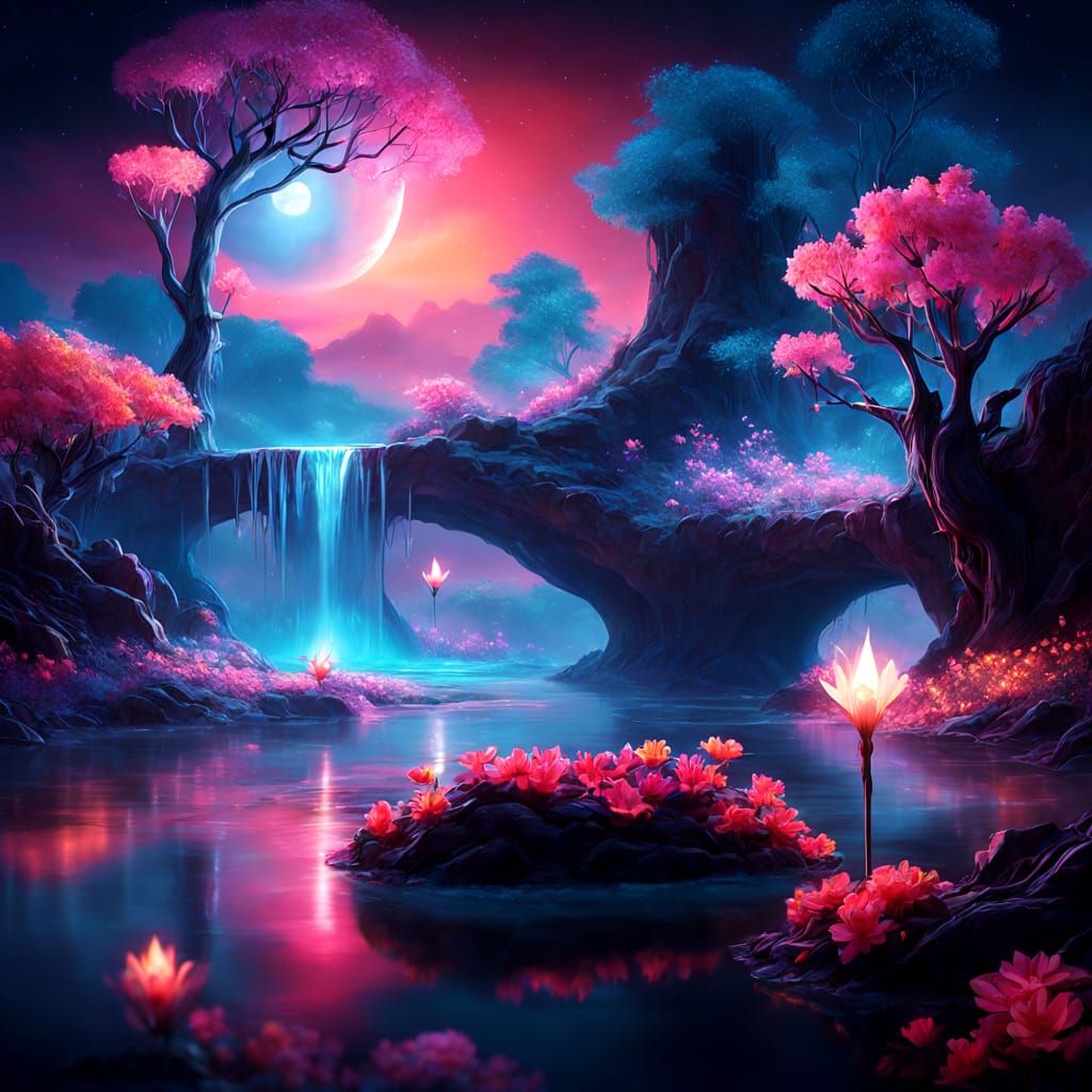 Luminous Flowers in a Psychedelic Fantasy Forest