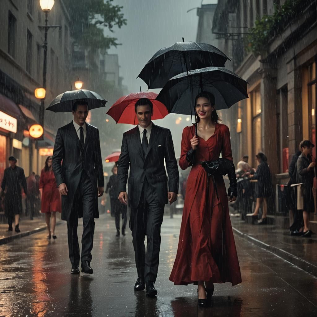Smiling Woman in Red Dress on Rainy Street