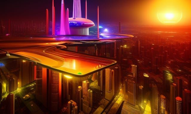 Futuristic Iridescent Cybercity as Digital Painting