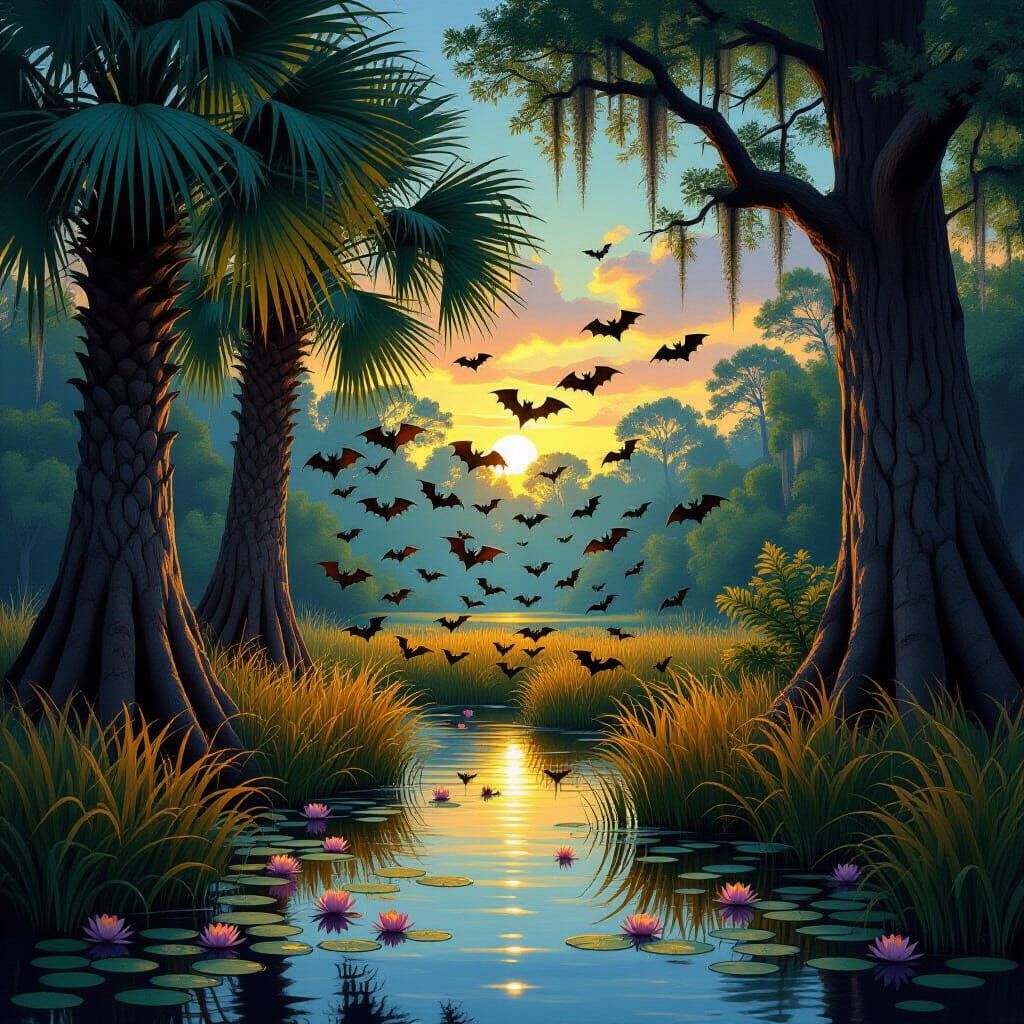 Bats Emerge from Swamp at Nightfall