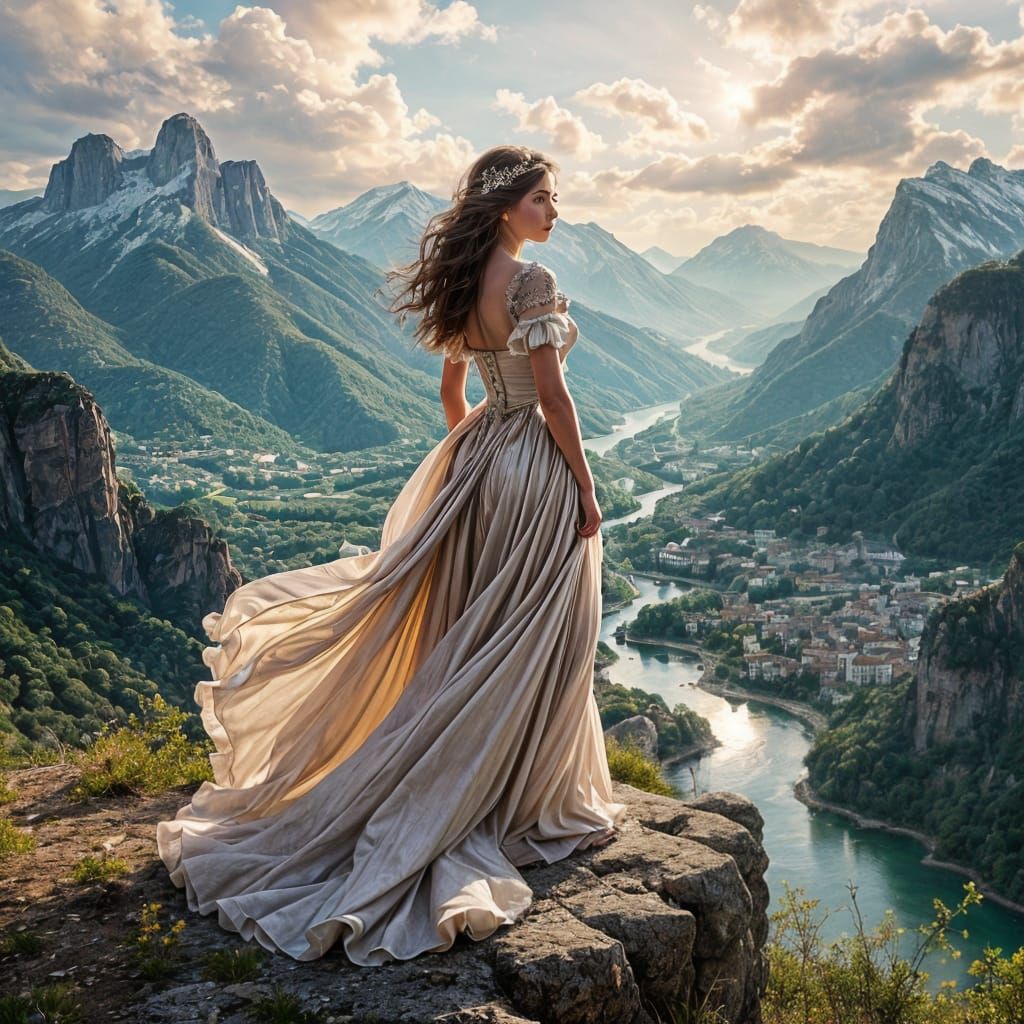 Regal Woman on Cliff Overlooking Mountains in Baroque Style
