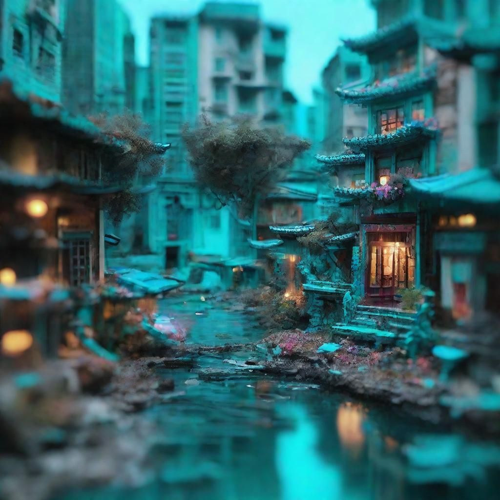 Tachisme Brushwork in Turquoise, Tilt-Shift Nightmare