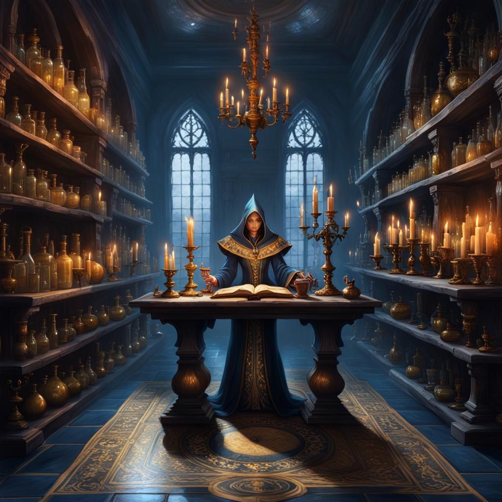 Sorceress Studying Magic Tome in Alchemy Lab