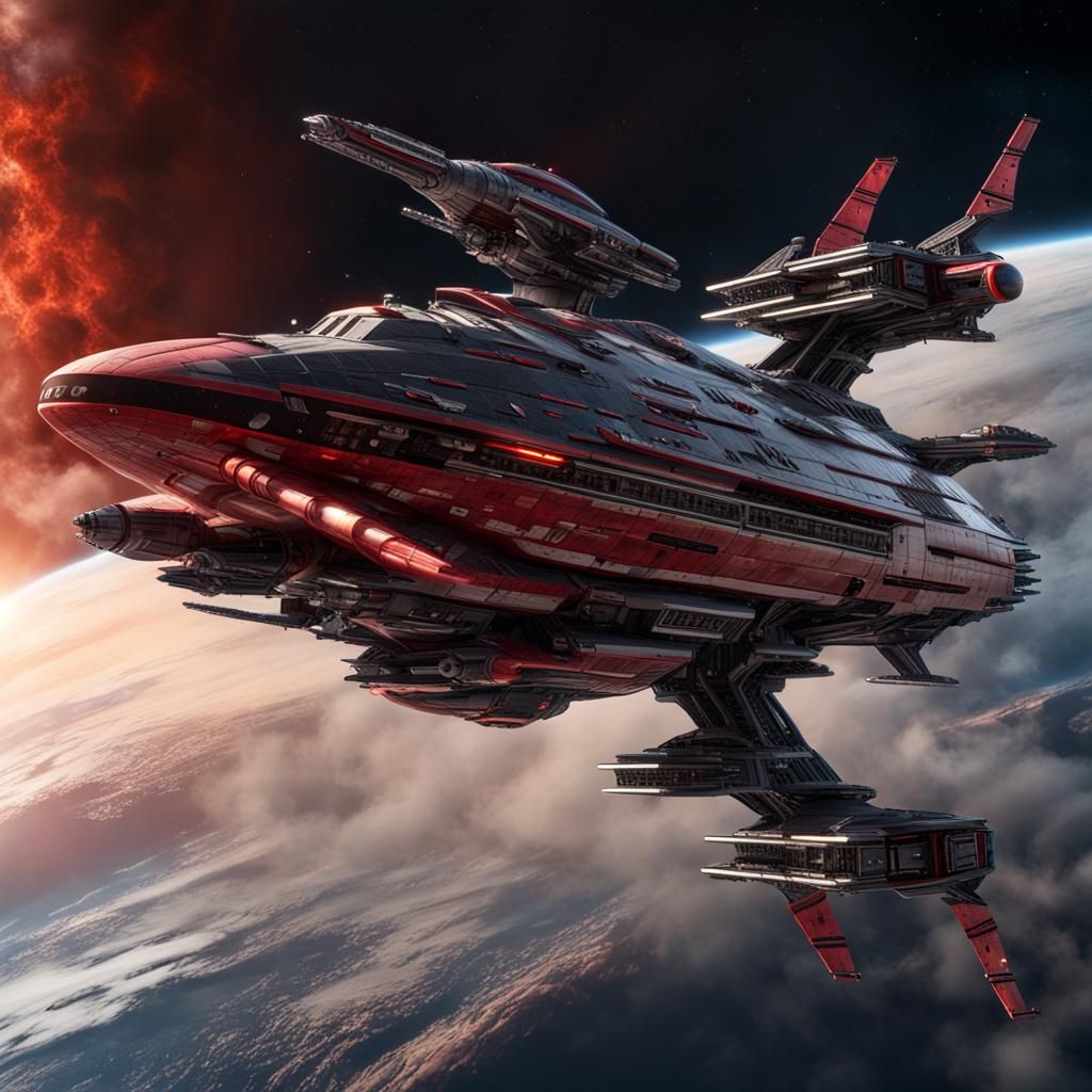 Obsidian Red Starship Cruiser in Orbital Storm
