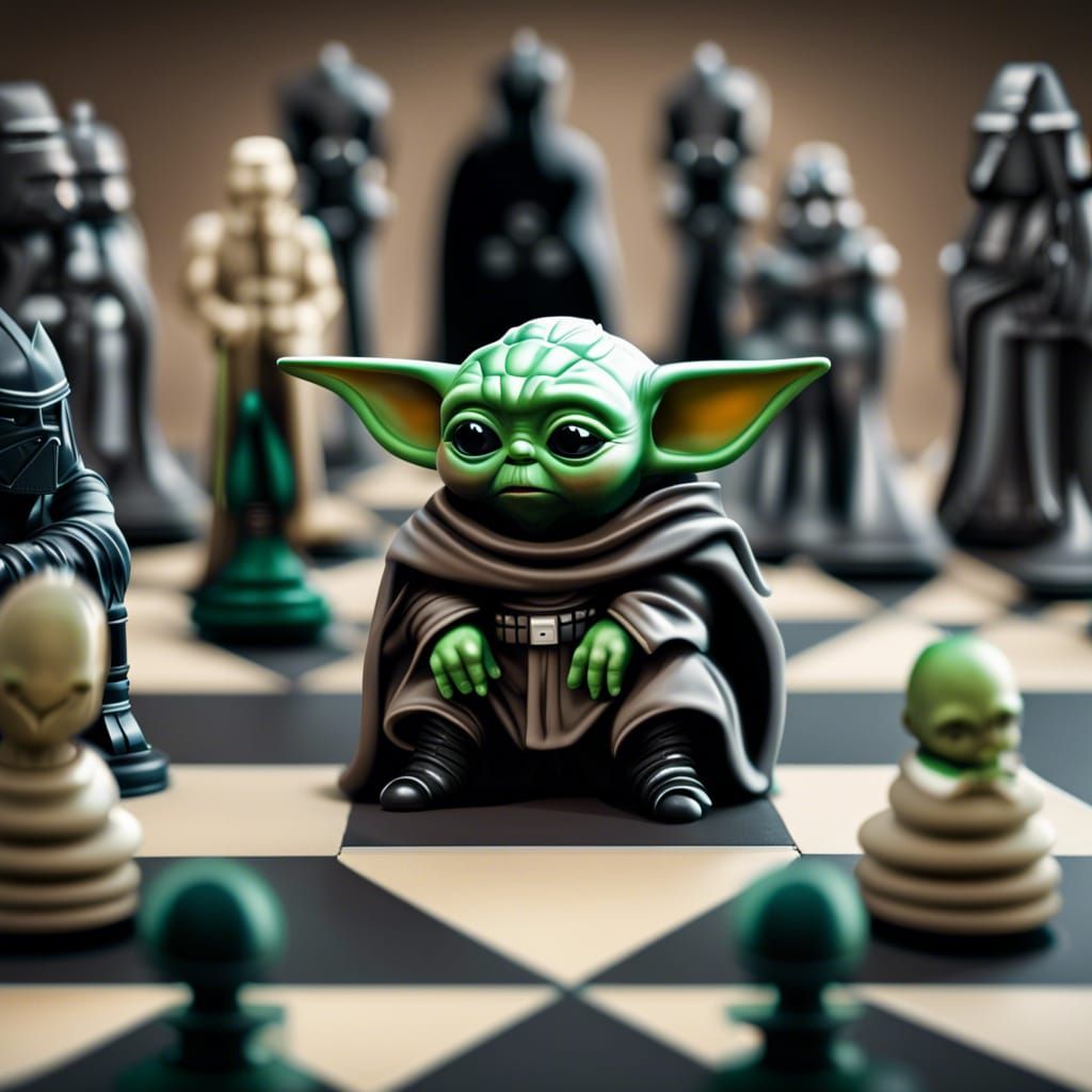 Baby Yoda, Darth Vader, jedi and star wars army on chess boa...