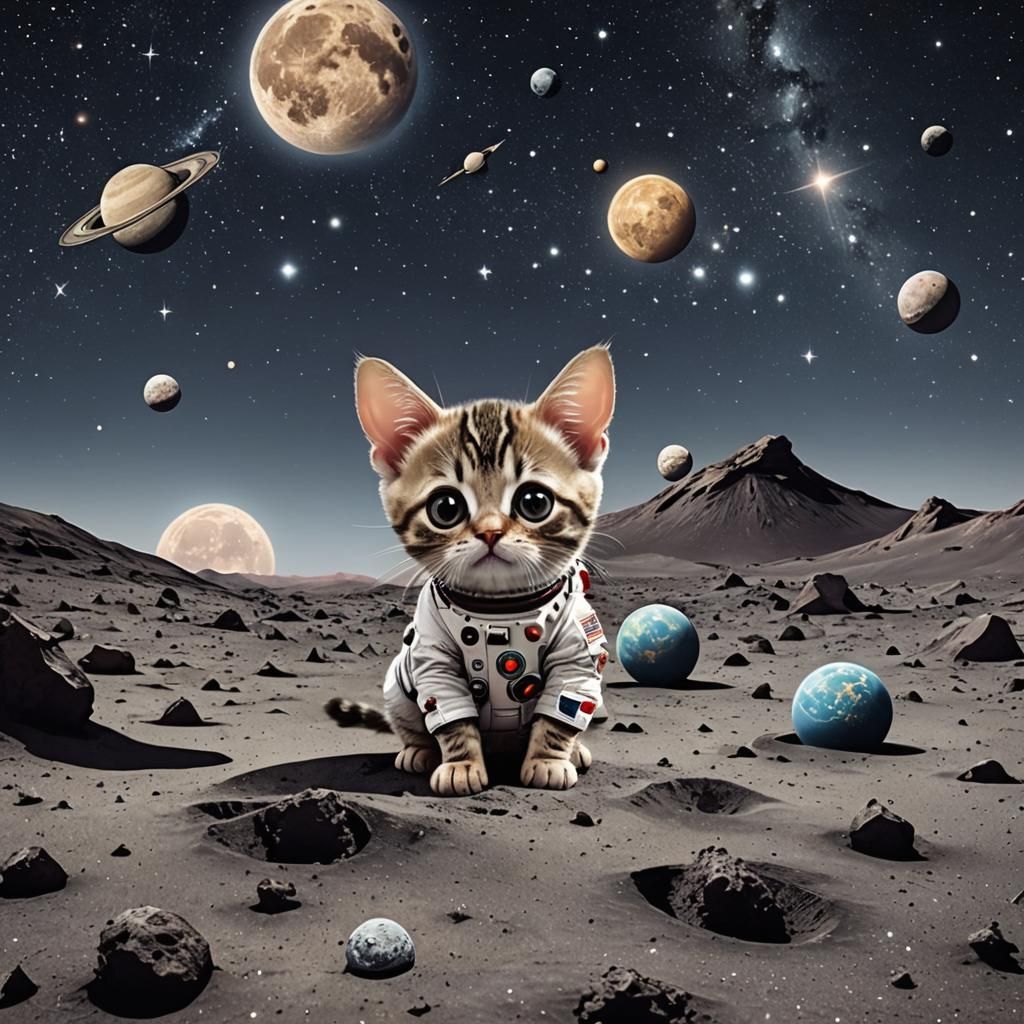 Chibi Cat and Mouse on Moon Photograph