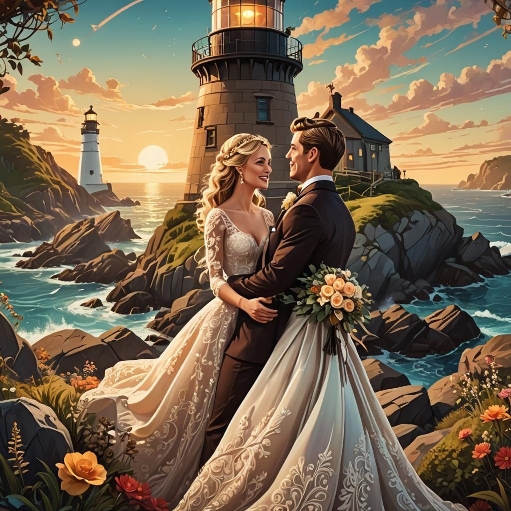 Whimsical Wedding Illustration at Seal Rocks Lighthouse