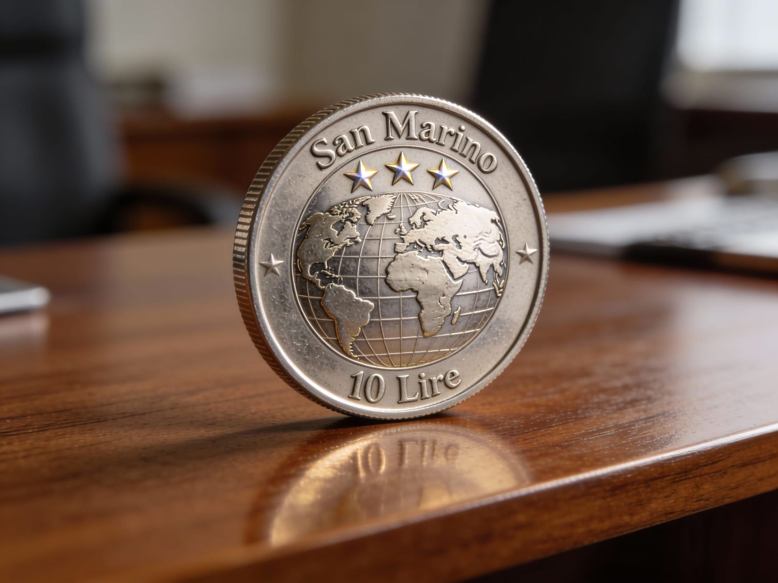 Close-Up of San Marino 10 Lire Coin with Earth