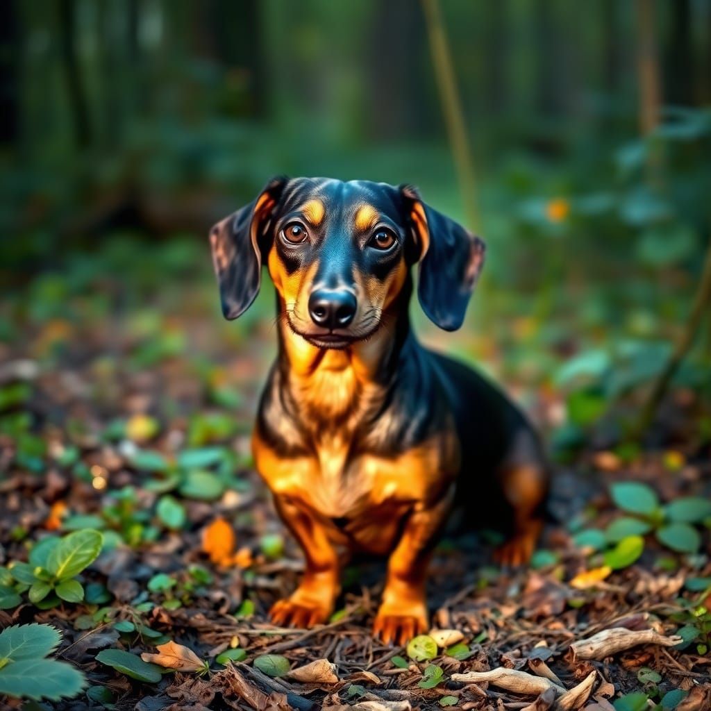 Dachshund Exploring a Lush Froggy Forest