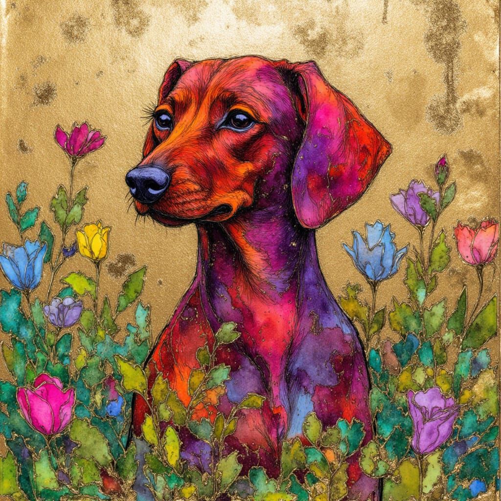Impressionist Dachshund in Spring Garden with Gold Veins