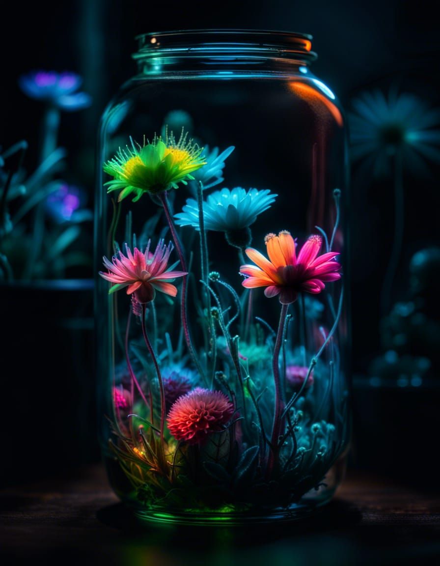 Bioluminescent Neon Flowers in Glass Jar